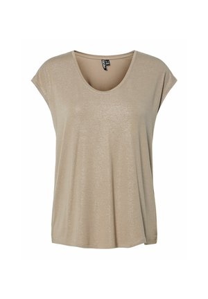 Top beige da donna a maniche corte con una sottile brillantezza, scollo rotondo e vestibilità comoda, mostrato su uno sfondo bianco.