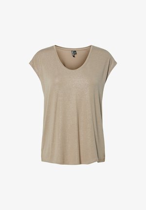 Top beige da donna a maniche corte con una sottile brillantezza, scollo rotondo e vestibilità comoda, mostrato su uno sfondo bianco.