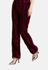 Mujer vistiendo pantalones amplios de terciopelo burdeos brillante con dobladillo decorado y zapatos de tacón alto metálicos dorados, contra un fondo blanco.