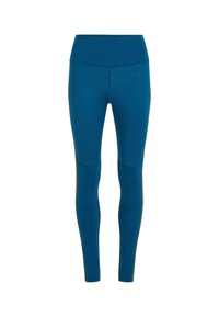 Teal, högmidjade leggings i ett mjukt, stretchigt material. Har knäpaneler och kontrasterande detaljer längs sidorna.