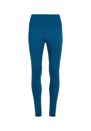 Leggings teal a vita alta in un materiale liscio e elasticizzato. Presentano pannelli alle ginocchia e dettagli a contrasto lungo i lati.