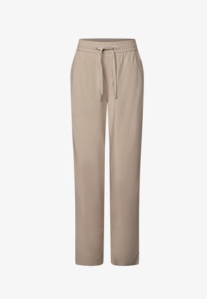 Valkoiset rento-housut, jotka on valmistettu sileästä kankaasta. Niissä on joustava vyötärö ja nyörikiinnitys. Suorat lahkeet ilman kuvioita.