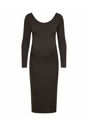 Robe midi marron côtelée avec manches longues et encolure dégagée. Dotée de fronces latérales pour une silhouette ajustée. Texture lisse.