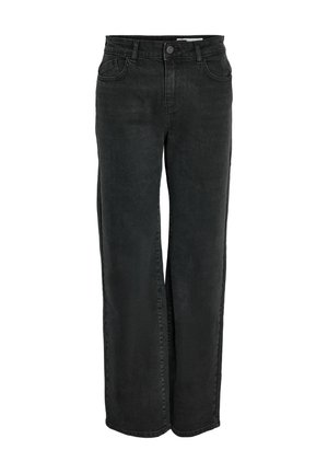 Svart høy midje rett ben jeans med frontknapp, beltehemper og to frontlommer på hvit bakgrunn.