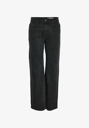 Black high-waist straight-leg jeans with front button, belt loops, and two front pockets on a white background.