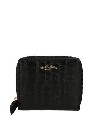 Mustast krokodillinahast rahakott kuldse tõmblukuga ning ees "Guest London studio" logo.