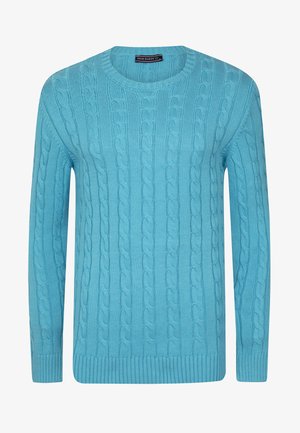 Light blue cable knit sweater, crew neck, ribbed cuffs and hem, textured pattern, long sleeves, made from soft knit material.
