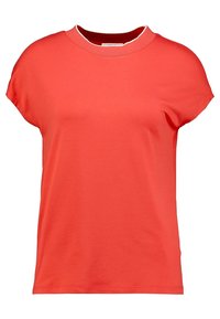 Camiseta roja de algodón de manga corta con cuello redondo y ribete blanco. Textura suave, ajuste relajado y diseño de dobladillo recto.