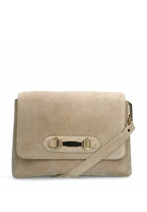 Beige suede crossbody bag with a flap closure, gold-tone hardware accents, and a detachable strap. Smooth texture and minimal design.