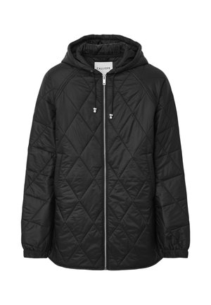 Schwarze gesteppte Jacke mit Kapuze, mit einem Reißverschluss, elastischen Bündchen und einem Rautenmuster. Glatte Textur und leichtes Material.