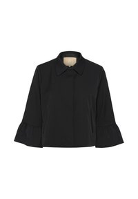 Svart kort jacka med krage, med utsvängda trekvartslånga ärmar och sidofickor. Tillverkad av slät tyg med en enkel design.