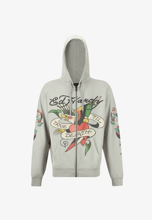 Light gray zip-up hoodie with a front pocket, featuring colorful tattoo-style graphics on both sleeves and a central design with text.