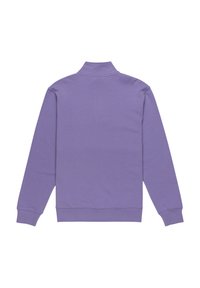 Felpa viola con colletto alto, maniche lunghe, polsini e orlo a costine. Materiale morbido e texturizzato con un design semplice e di un solo colore.