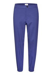 Lila tapered byxor tillverkade av mjukt tyg, med knappstängning, elastiska ärmslut och subtila sömdetaljer.