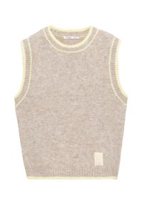 Beige ärmelloser Strickpullover mit gelbem Abschluss am Ausschnitt und an den Armlöchern, mit einem kleinen quadratischen Patch auf der Vorderseite.