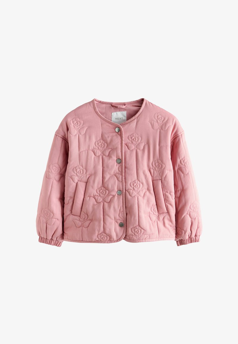 Roze gewatteerde jas met drukknoopsluitingen, elastische manchetten, twee zijzakken en geborduurd rozenpatroon, zonder kraag.