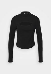 Top lungo nero a maniche con colletto alto, texture a coste e dettaglio cut-out sul petto. Design aderente con orlo leggermente curvato.