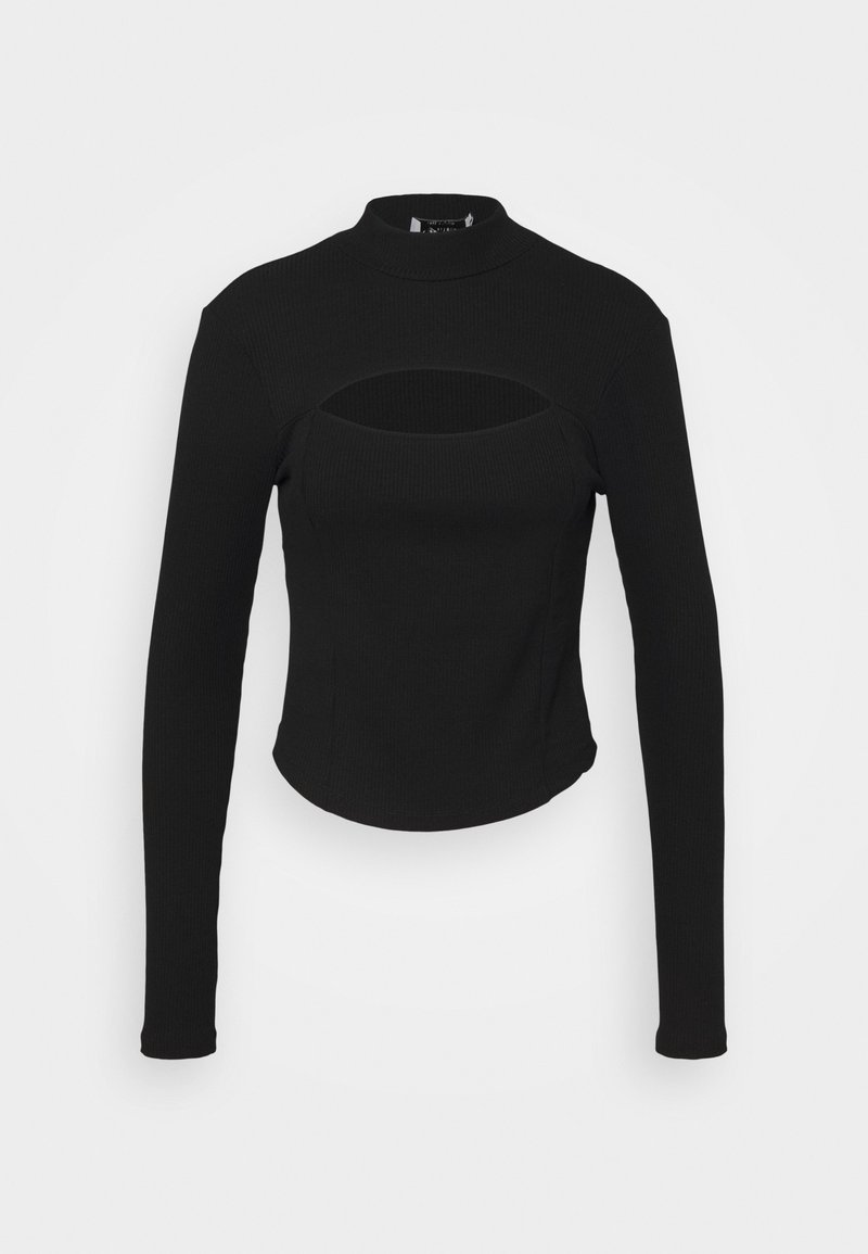 Top lungo nero a maniche con colletto alto, texture a coste e dettaglio cut-out sul petto. Design aderente con orlo leggermente curvato.