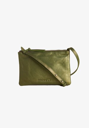 Kleine olivgrüne Leder-Umhängetasche mit verstellbarem Trageriemen und Reißverschluss, mit geprägt Logo „Annie & Lilli“ vorne.