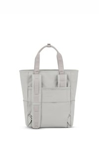 Ljusgrå tote-väska med dubbla topphandtag, strukturerad form, framficka och sidoremmar. Tillverkad av hållbart tyg med en slät textur.