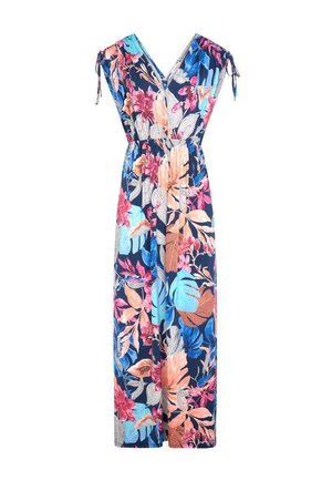 Abito maxi senza maniche con scollo a V, vita aderente e vivaci motivi floreali con foglie rosa, blu, arancione e beige su sfondo blu navy.