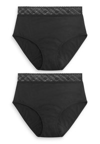 Zwarte high-waisted onderbroek met een kanten rand op de tailleband. Gemaakt van gladde stof met een zachte textuur. Twee paren tentoongesteld.