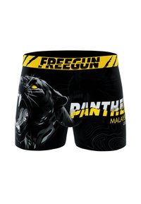Boxers noirs avec un graphisme de panthère rugissante, des yeux jaunes, et une ceinture « FREEGUN » audacieuse ainsi que le texte « PANTHER MALAYSIA ». 