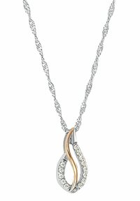 Collana d'argento con catena attorcigliata e un pendente con un design a spirale in argento e oro rosa, decorato con pietre preziose trasparenti.