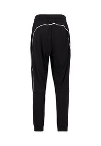 Pantalones deportivos negros con un ajuste ajustado, que cuentan con una cintura elástica y piping blanco a lo largo de las costuras laterales. Tejido suave.