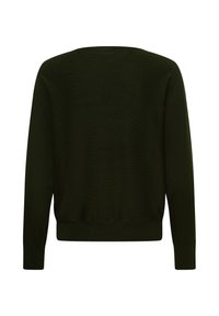 Pull uni vert foncé à manches longues avec encolure ronde et poignets et bas côtelés, vu de dos sur fond blanc.