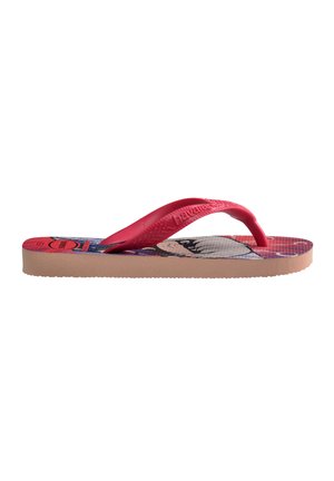 Infradito in gomma con una fascia rosa e un plantare decorato da un motivo colorato. Suola in gomma beige con presa testurizzata.