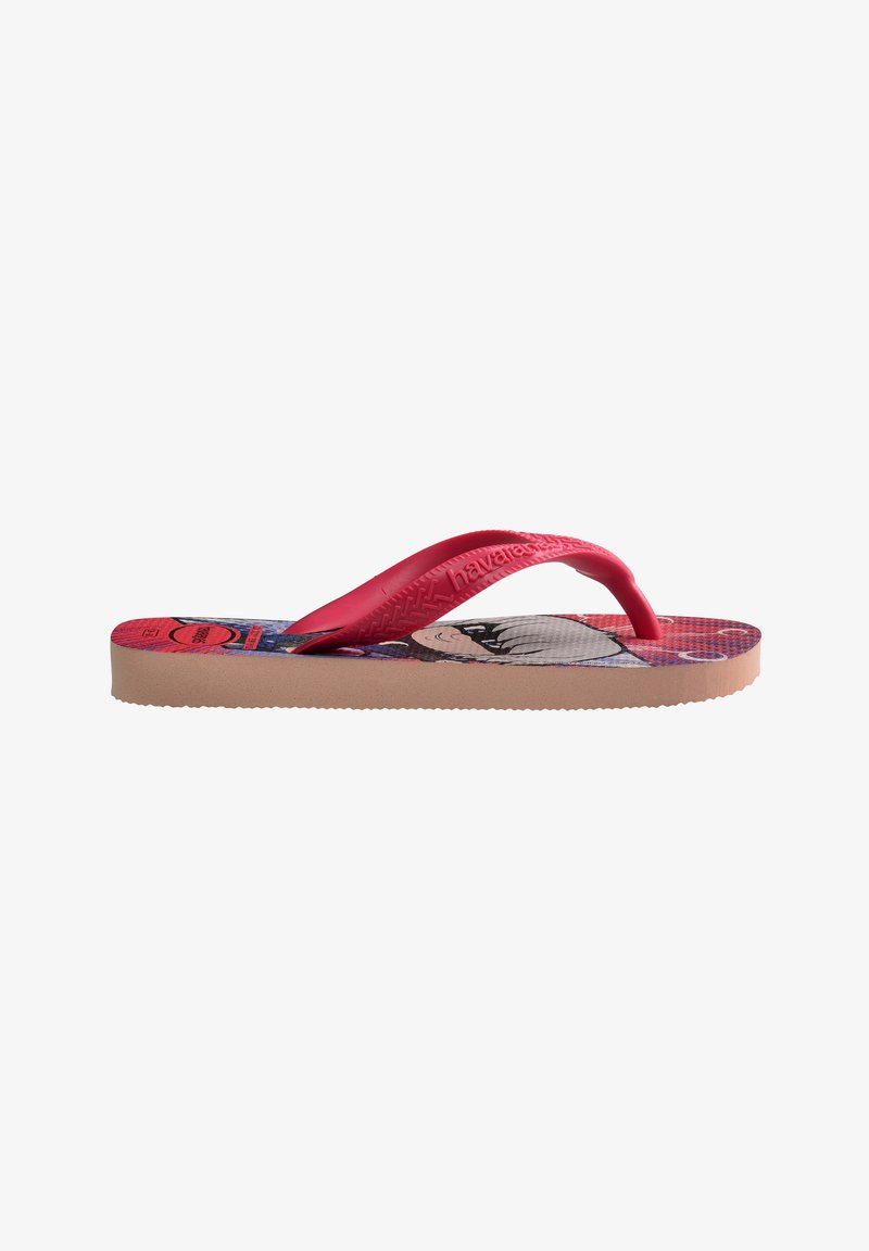 Tongs en caoutchouc avec une sangle rose et une semelle intérieure colorée ornée d'un motif. Semelle extérieure en caoutchouc beige avec une texture antidérapante.