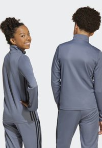 Chaqueta deportiva gris con un alto cuello, mangas largas y acentos a rayas negras en los lados, hecha de una tela sintética suave.