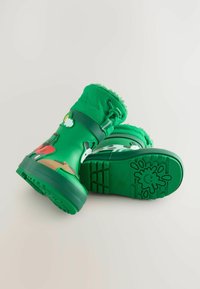 Botas impermeables verdes con parte superior acolchada, con gráficos de animales, suelas de goma texturizadas y un cierre con cordón para un ajuste ceñido.