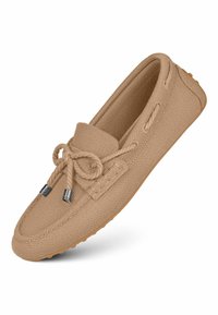 Helle Bootsschuh aus strukturiertem Stoff, mit einer runden Zehenpartie, Schnürung auf der Vorderseite mit Seil-Schnürsenkeln und einer Gummisohle mit kleinen Profilen.