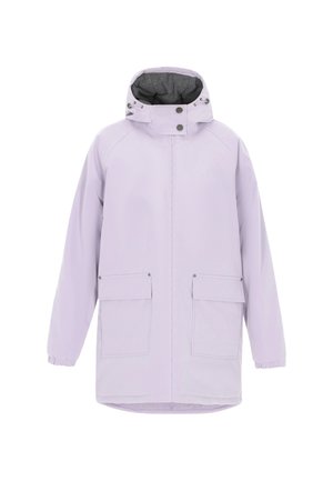 Veste imperméable lavande claire avec une capuche doublée en gris, des boutons-pression à l'avant et deux grandes poches. Présente des poignets élastiques et une coupe décontractée.