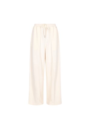 Pantaloni largi, de culoare crem, realizați dintr-un material moale. Dispun de un talie elastică cu șnur ajustabil și nu au modele sau accente vizibile.