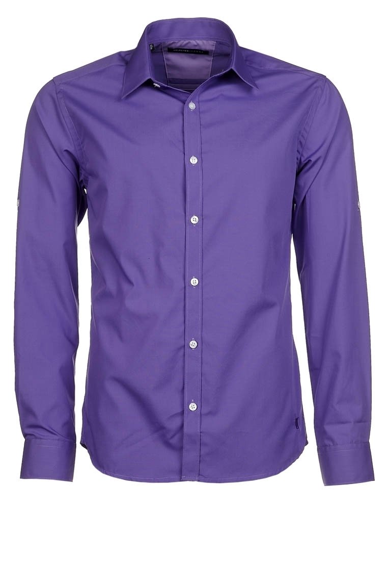Langärmliges Herrenhemd zum Knöpfen in einfarbigem Lila mit klassischem Kragen und weißen Knöpfen auf der Vorderseite.