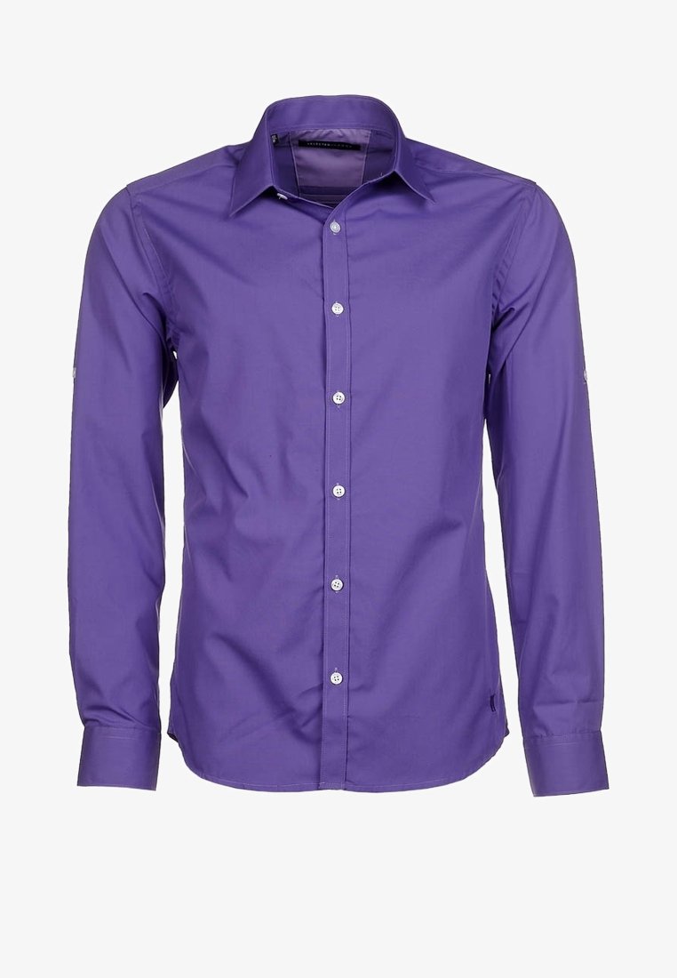 Langärmliges Herrenhemd zum Knöpfen in einfarbigem Lila mit klassischem Kragen und weißen Knöpfen auf der Vorderseite.