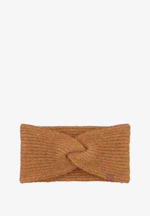 Strickkopfband in warmem Braun mit einem gedrehten Design an der Vorderseite und einem strukturierten Rippenmuster. Mit einem kleinen Logosticker.