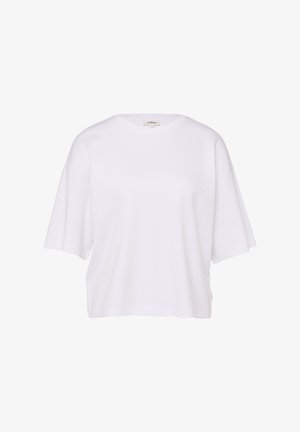 T-shirt blanc à manches courtes avec col rond, coupe décontractée et étiquette de la marque s.Oliver au niveau de l'encolure.