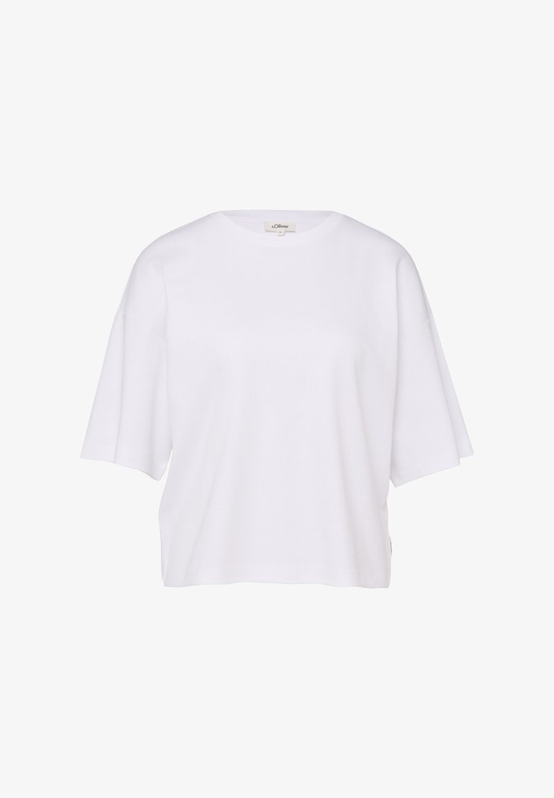 T-shirt blanc à manches courtes avec col rond, coupe décontractée et étiquette de la marque s.Oliver au niveau de l'encolure.