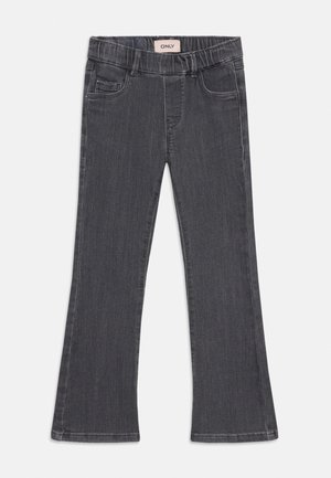 Mørkegrå børne bootcut jeans med elastisk talje og forlommer, mærket "ONLY" på indermærket.