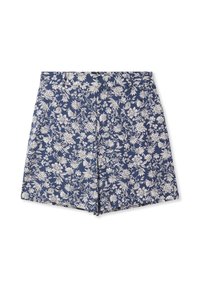 Pantaloni corti blu floreali con un leggero motivo floreale, realizzati in un tessuto morbido. Presentano una chiusura con bottone e orli ben rifiniti.