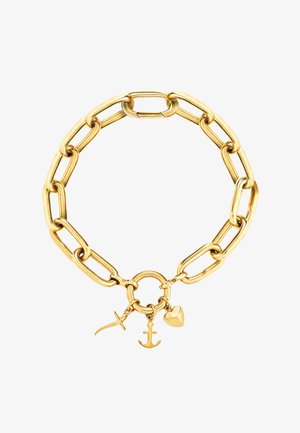 Pulsera de cadena de oro con eslabones sobredimensionados, un cierre redondo y tres colgantes: un ancla, una cruz y un corazón. Acabado liso y brillante.