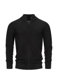 Schwarzer gestrickter Zip-Pullover mit langen Ärmeln und gerippten Bündchen und Saum auf weißem Hintergrund.