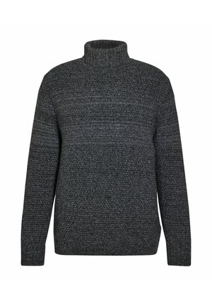 Grijze coltrui met een gestructureerd breipatroon, voorzien van een hoge hals en lange mouwen. Geribbelde boorden bij de manchetten en zoom.