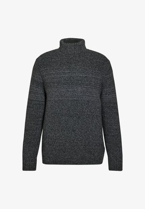 Grauer Rollkragenpullover mit einer strukturierten Strickmusterung, ausgestattet mit einem hohen Kragen und langen Ärmeln. Gerippte Bündchen und Saum.