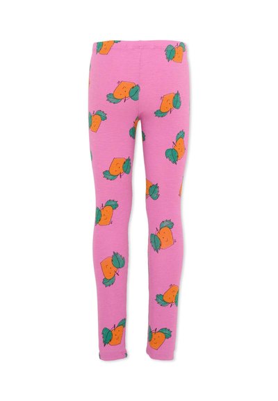 Leggings pour enfants roses avec un motif répétitif de fruits orange souriants aux feuilles vertes.
