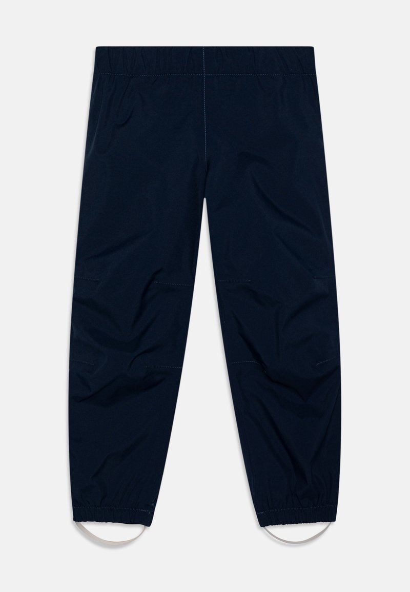 Calças impermeáveis azul-marinho com cintura elástica e tiras nos tornozelos. Tecido suave e leve com detalhes costurados. Design clássico de pernas retas.